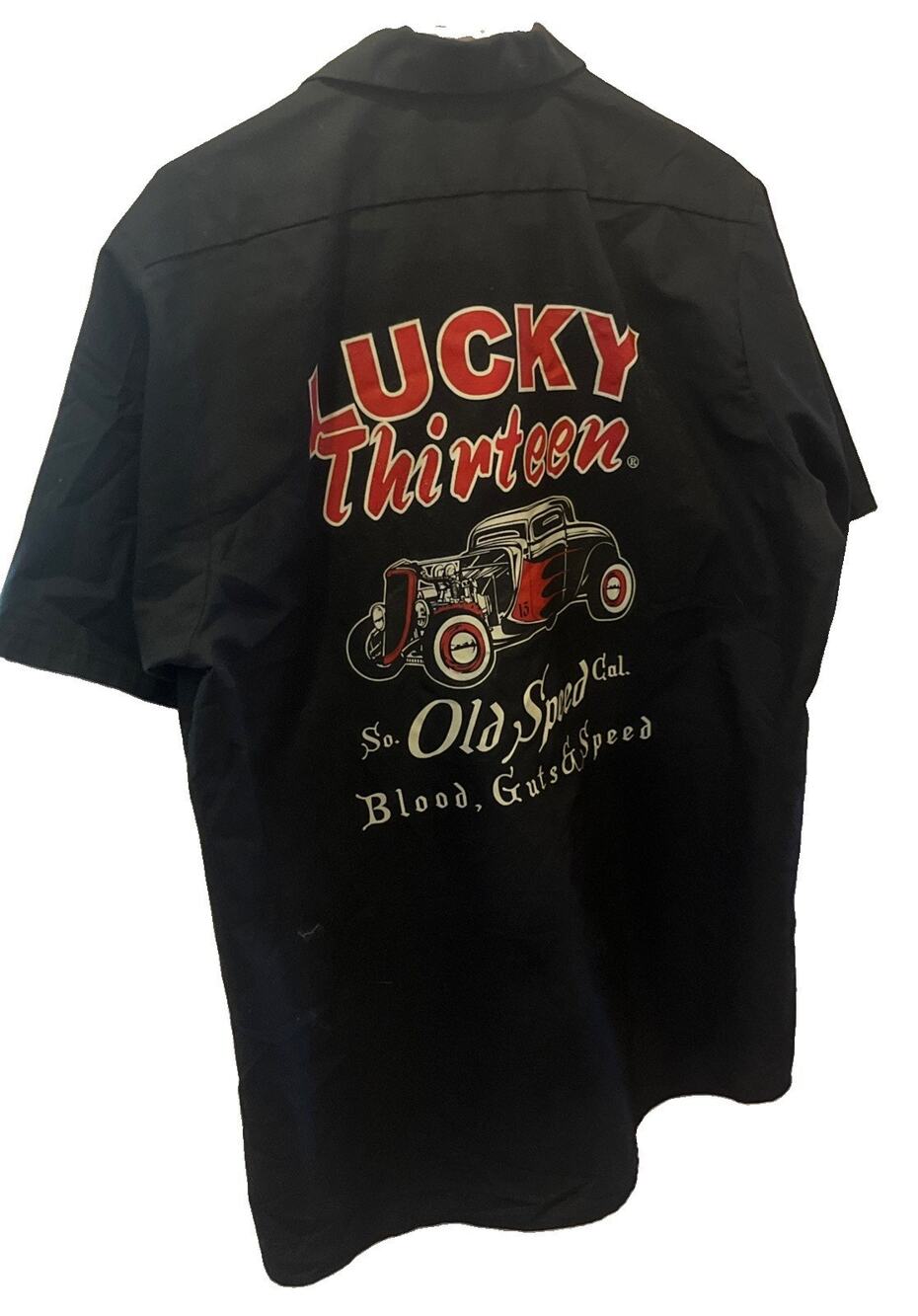 Red Kap Shirt Mens LG Black Lucky 13 Hot Rod Graphic Workwear Button Front
